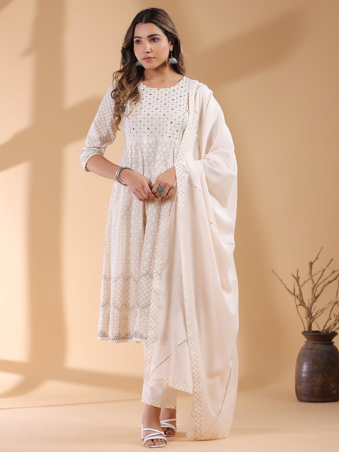 Janasya Light Cotton Ethnic Motifs Anarkali Kurta Set | Swadesiicart
