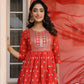 Janasya Bright Cotton Foil Print A-Line Kurta Set | Swadesiicart