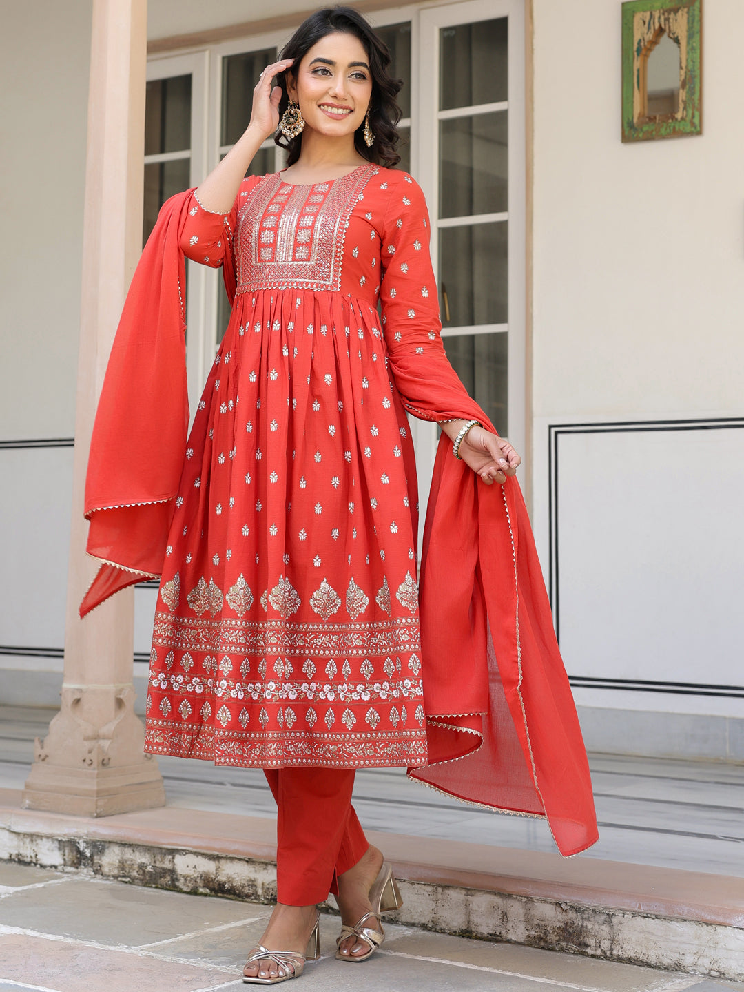Janasya Bright Cotton Foil Print A-Line Kurta Set | Swadesiicart