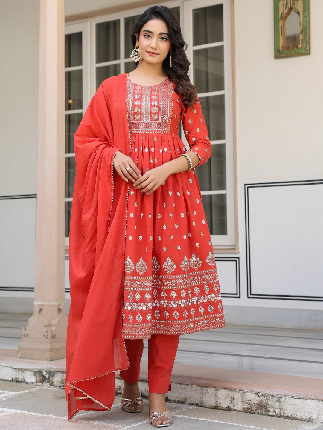 Janasya Bright Cotton Foil Print A-Line Kurta Set | Swadesiicart
