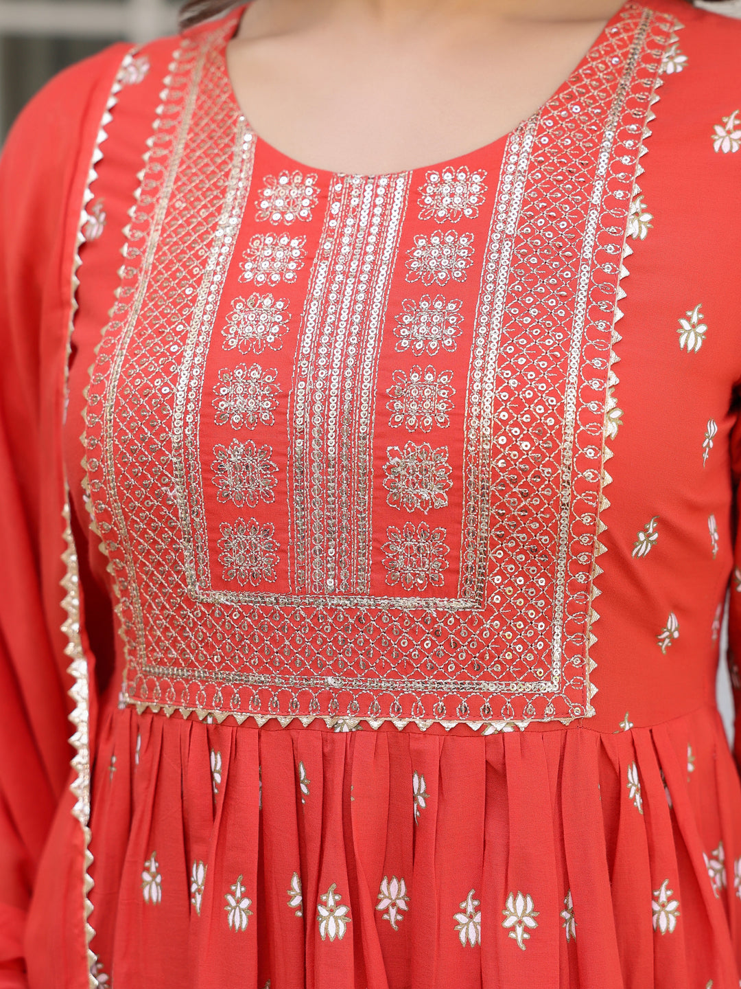Janasya Bright Cotton Foil Print A-Line Kurta Set | Swadesiicart