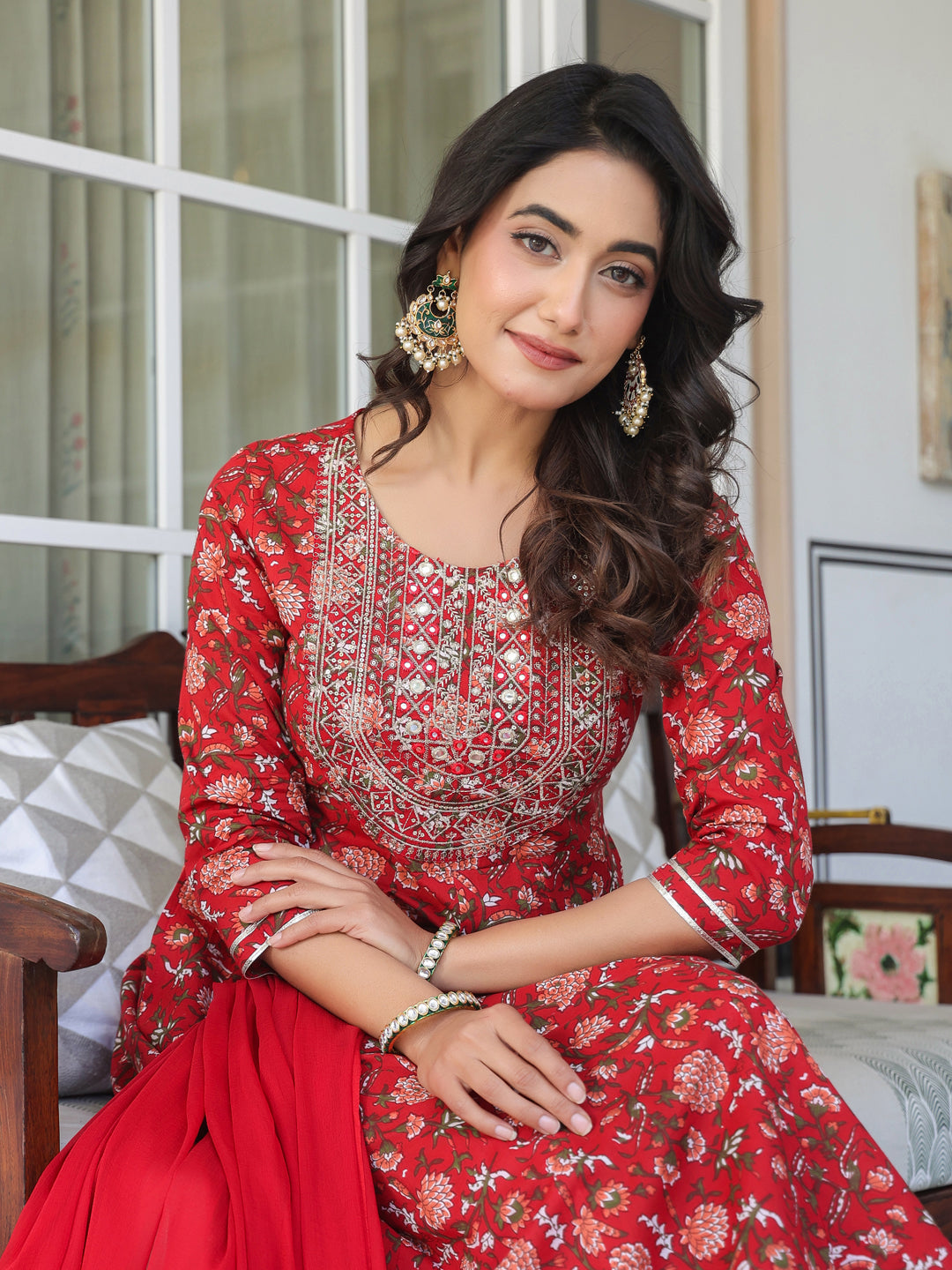 Janasya Bright Cotton Yoke Embroidery A-Line Kurta Set | Swadesiicart