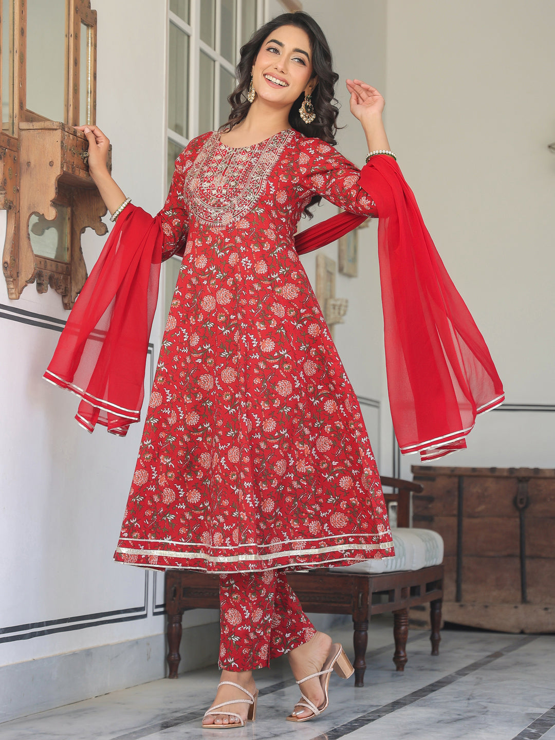 Janasya Bright Cotton Yoke Embroidery A-Line Kurta Set | Swadesiicart