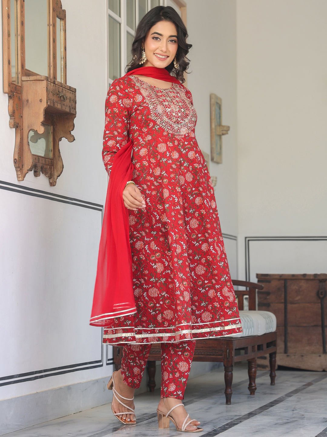 Janasya Bright Cotton Yoke Embroidery A-Line Kurta Set | Swadesiicart