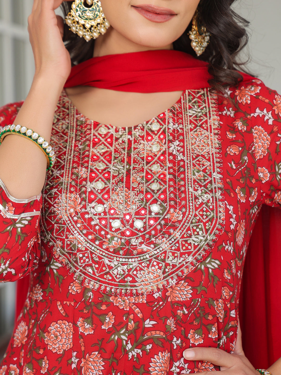 Janasya Bright Cotton Yoke Embroidery A-Line Kurta Set | Swadesiicart