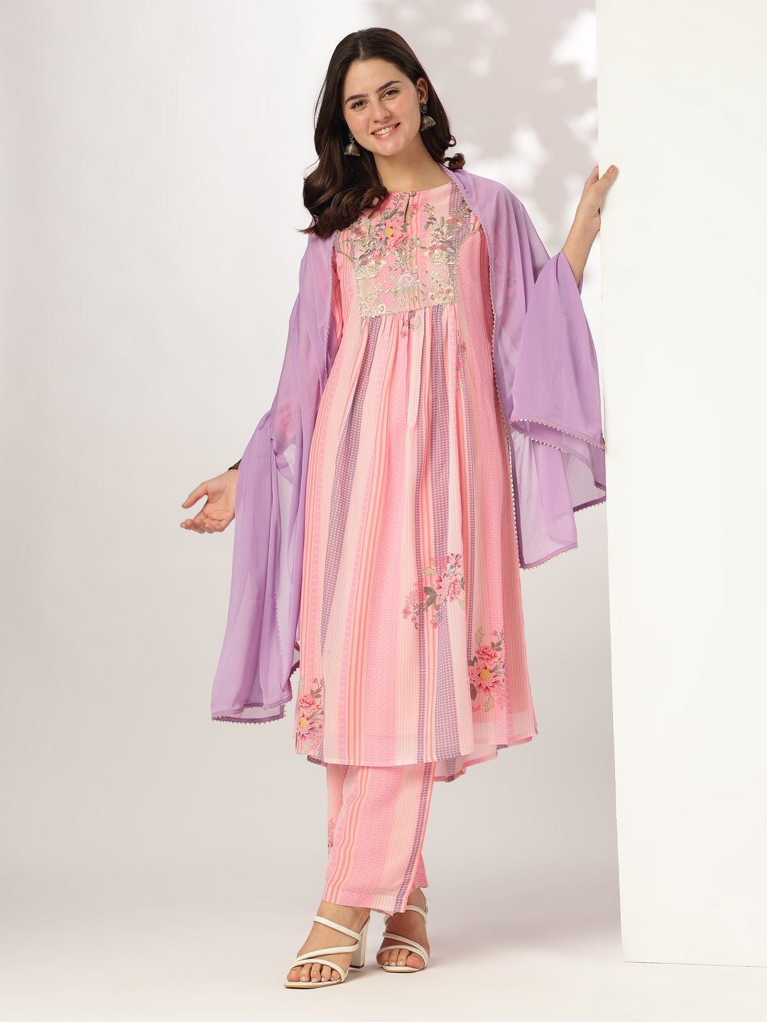 Janasya Light Georgette Embroidered A-Line Kurta Set | Swadesiicart