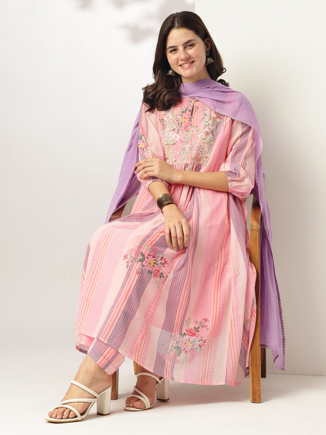 Janasya Light Georgette Embroidered A-Line Kurta Set | Swadesiicart