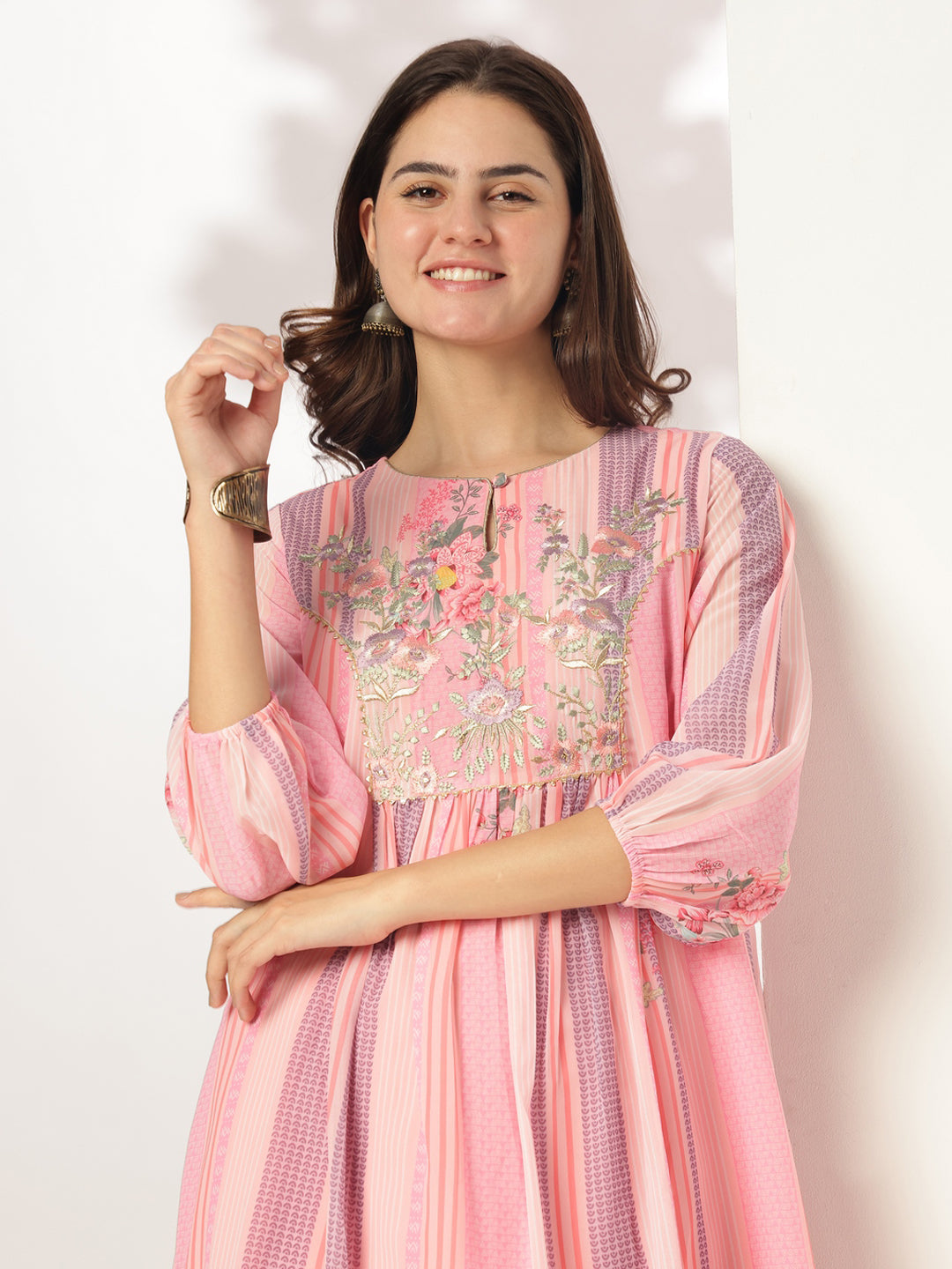 Janasya Light Georgette Embroidered A-Line Kurta Set | Swadesiicart