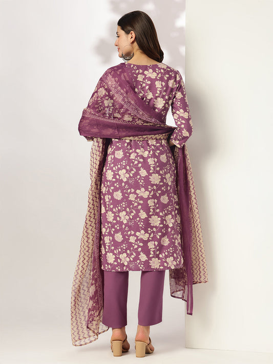 Janasya Dark Rayon Blend Floral Straight Kurta Set | Swadesiicart