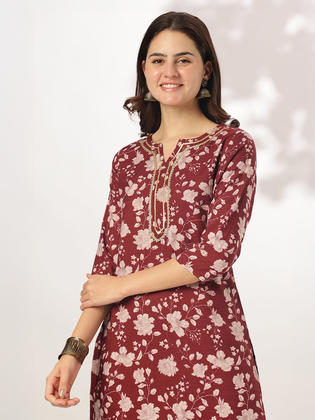 Janasya Dark Rayon Blend Floral Straight Kurta Set | Swadesiicart