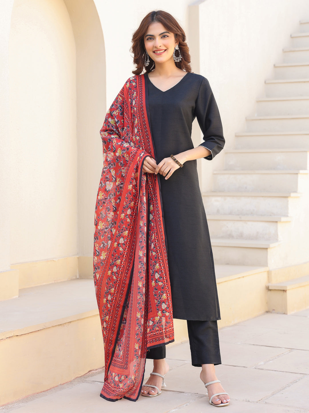 Janasya Dark Silk Blend Solid Straight Kurta Set | Swadesiicart