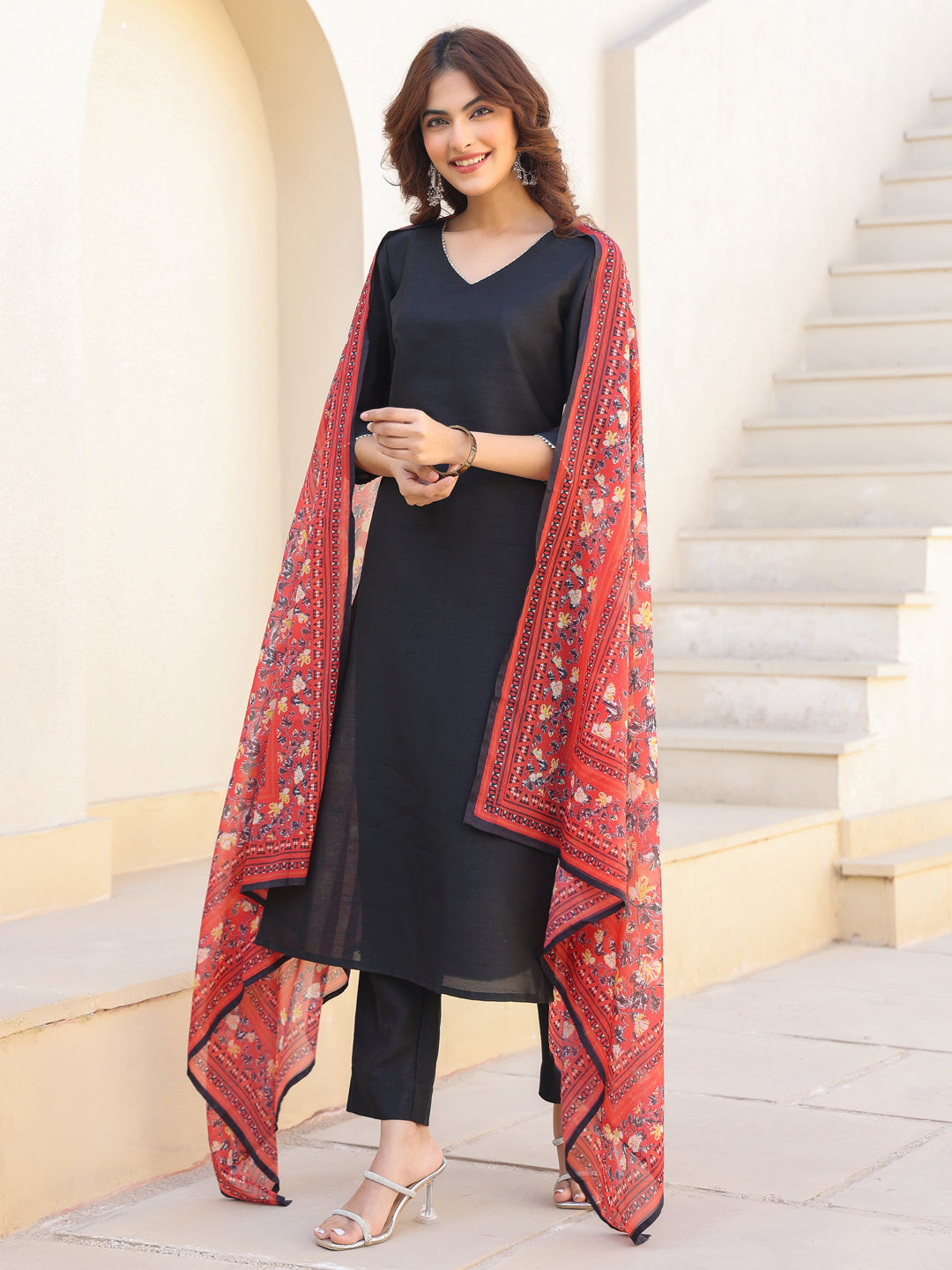 Janasya Dark Silk Blend Solid Straight Kurta Set | Swadesiicart