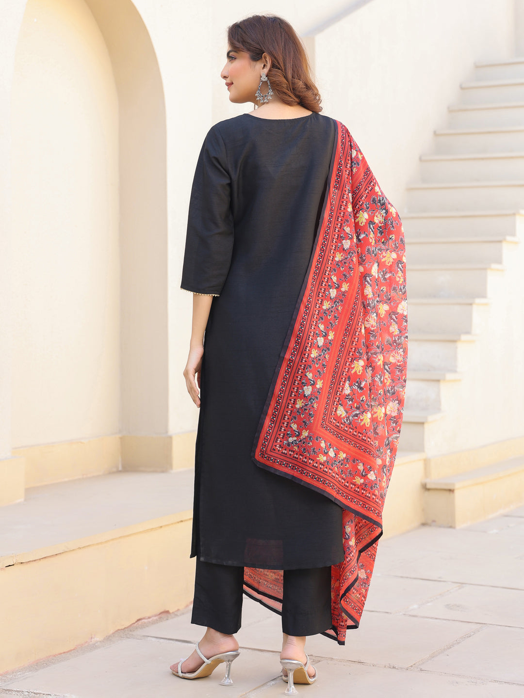 Janasya Dark Silk Blend Solid Straight Kurta Set | Swadesiicart