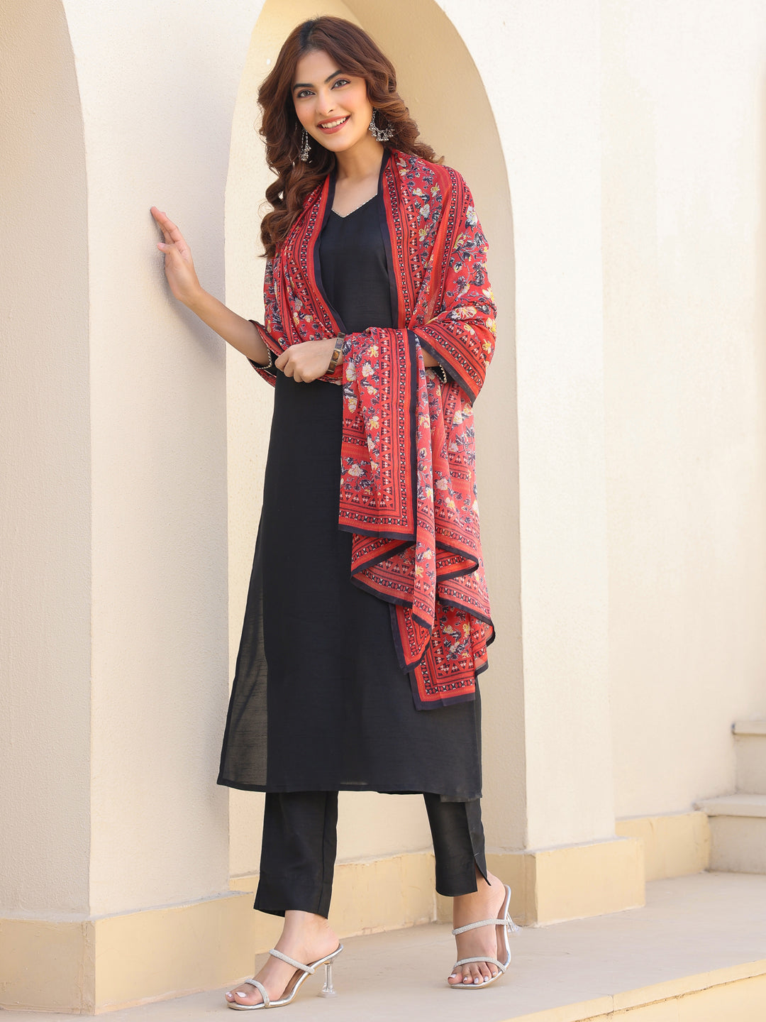 Janasya Dark Silk Blend Solid Straight Kurta Set | Swadesiicart