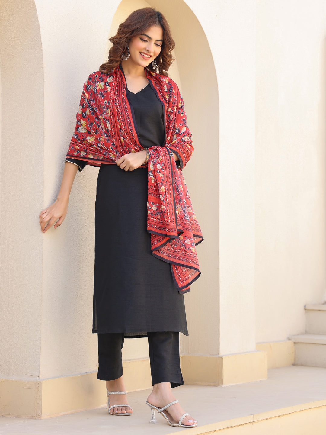 Janasya Dark Silk Blend Solid Straight Kurta Set | Swadesiicart