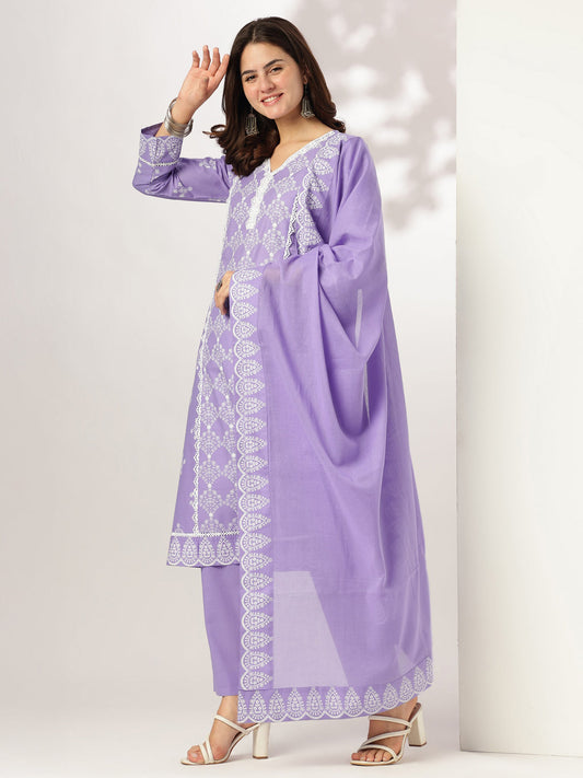 Janasya Light Cotton Ethnic Motifs A-Line Kurta Set | Swadesiicart