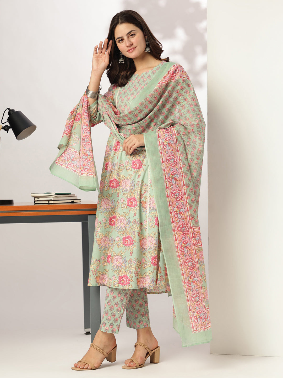Janasya Light Cotton Floral A-Line Kurta Set | Swadesiicart
