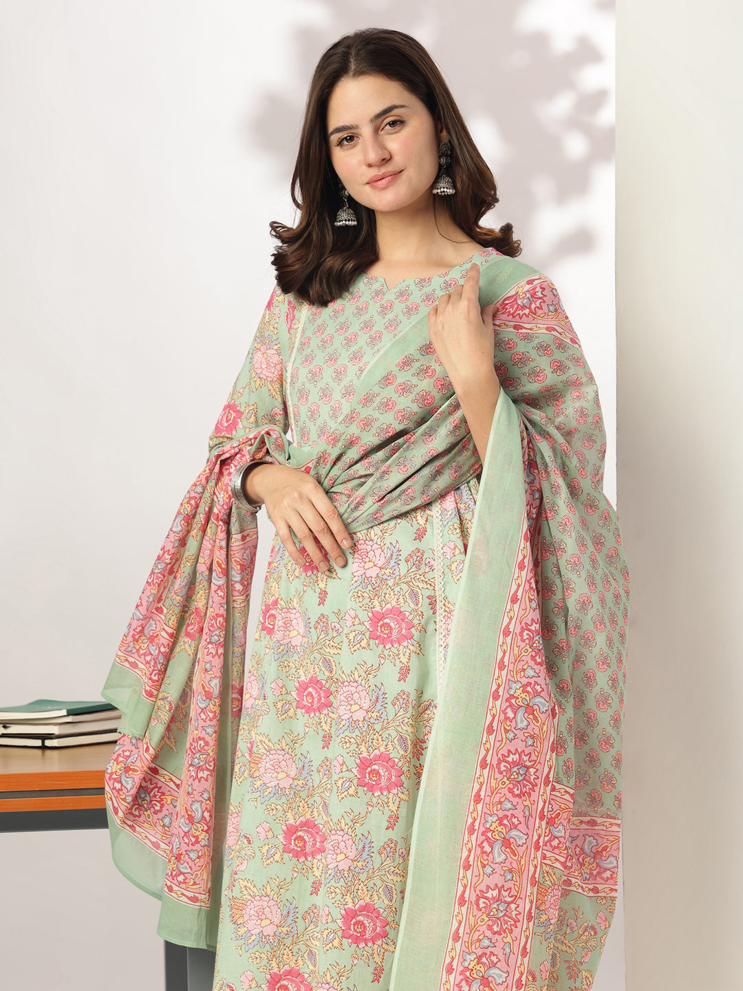 Janasya Light Cotton Floral A-Line Kurta Set | Swadesiicart