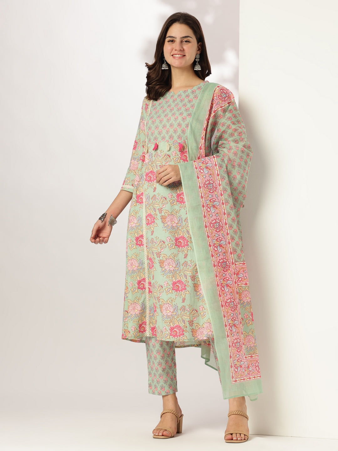 Janasya Light Cotton Floral A-Line Kurta Set | Swadesiicart