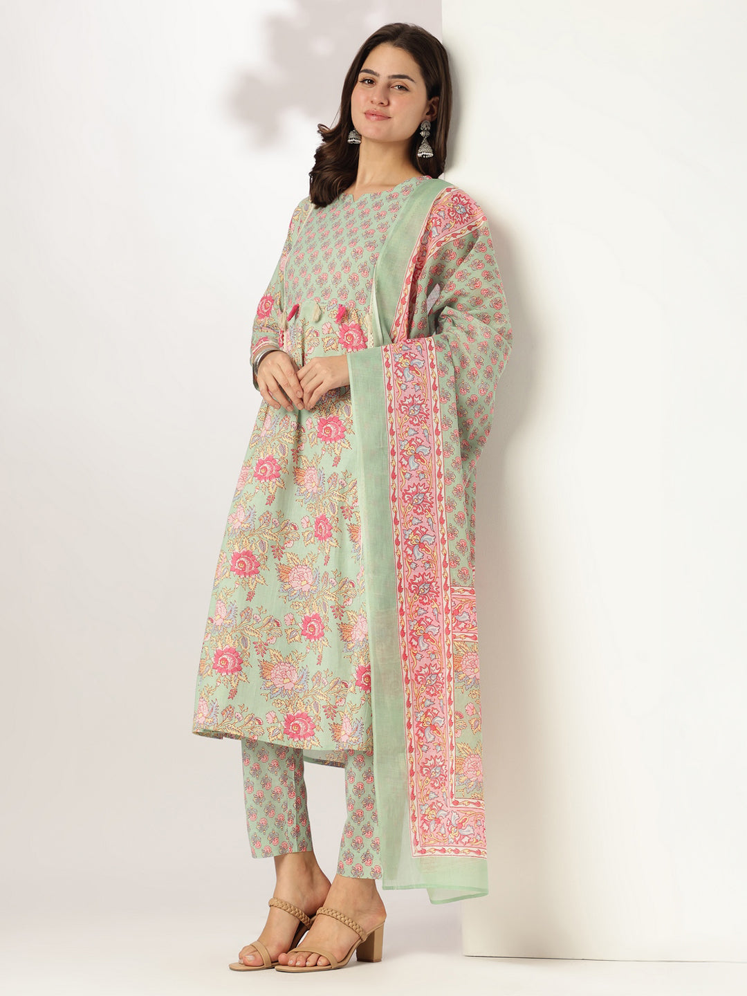 Janasya Light Cotton Floral A-Line Kurta Set | Swadesiicart