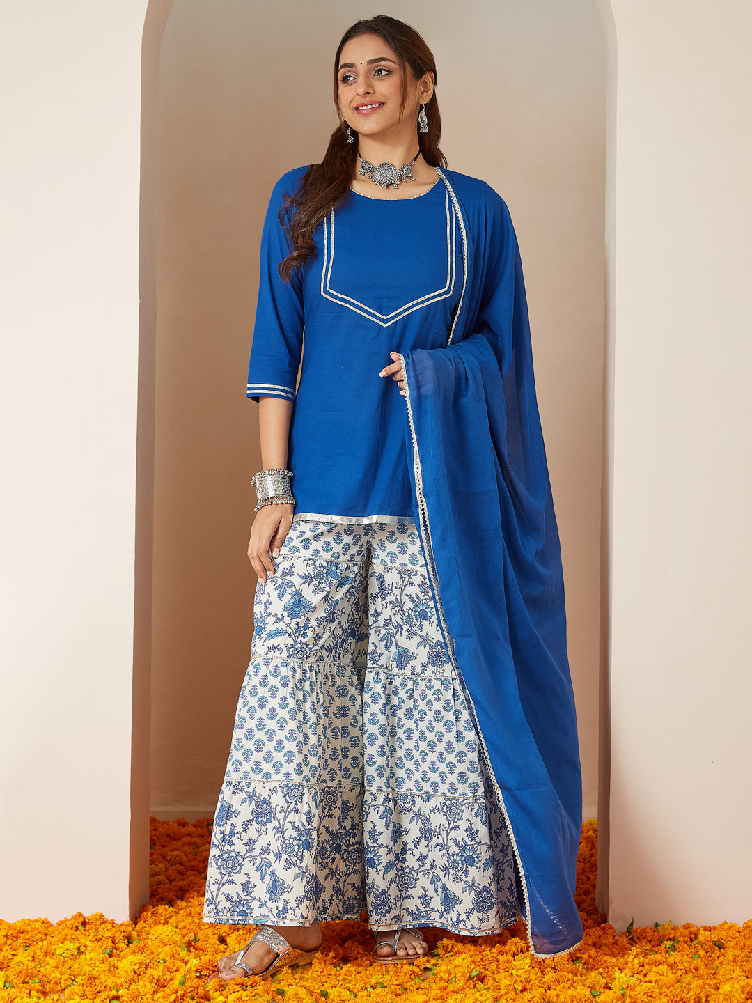 Janasya Dark Cambric Embellished A-Line Kurta Set | Swadesiicart