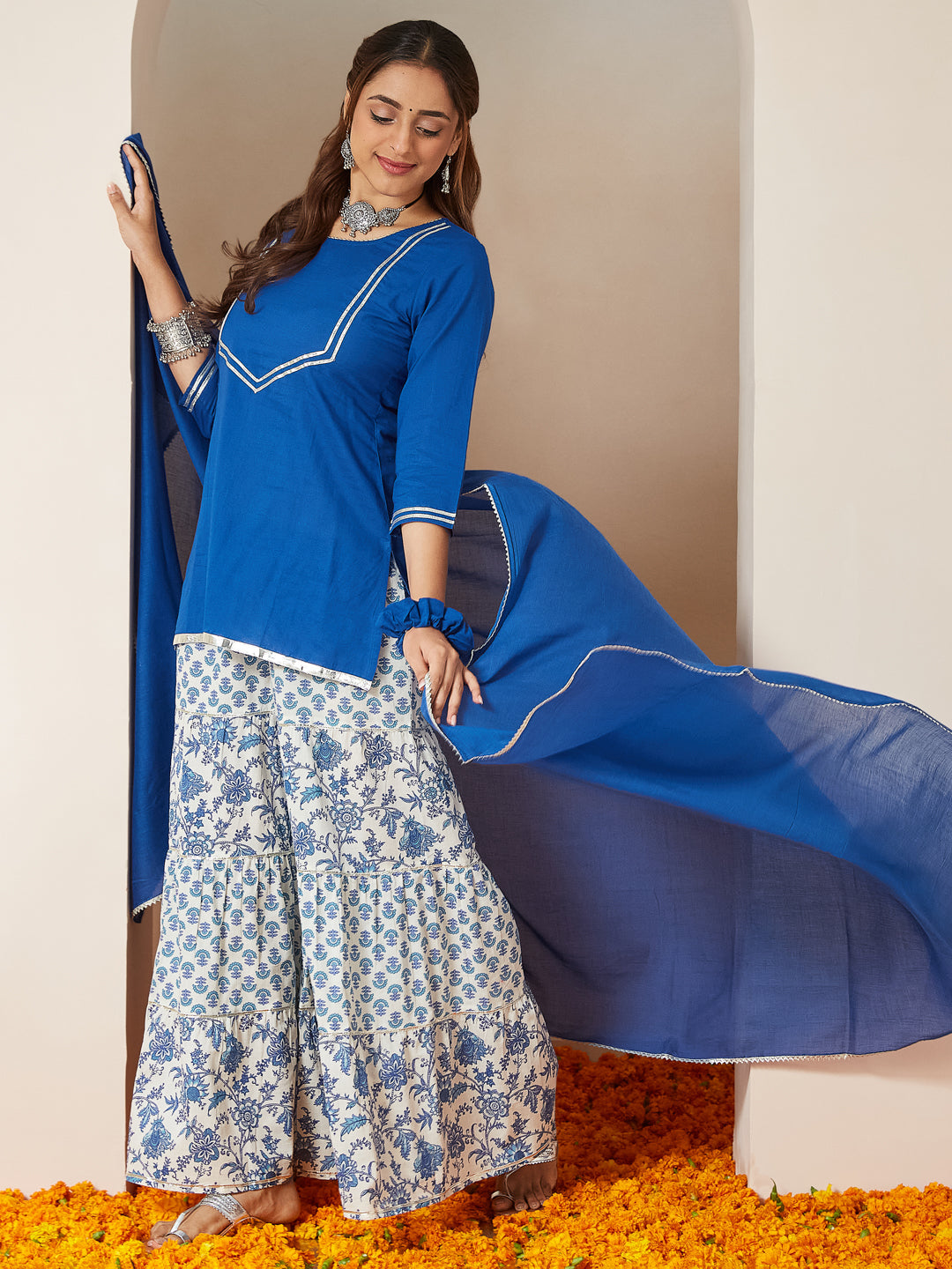 Janasya Dark Cambric Embellished A-Line Kurta Set | Swadesiicart