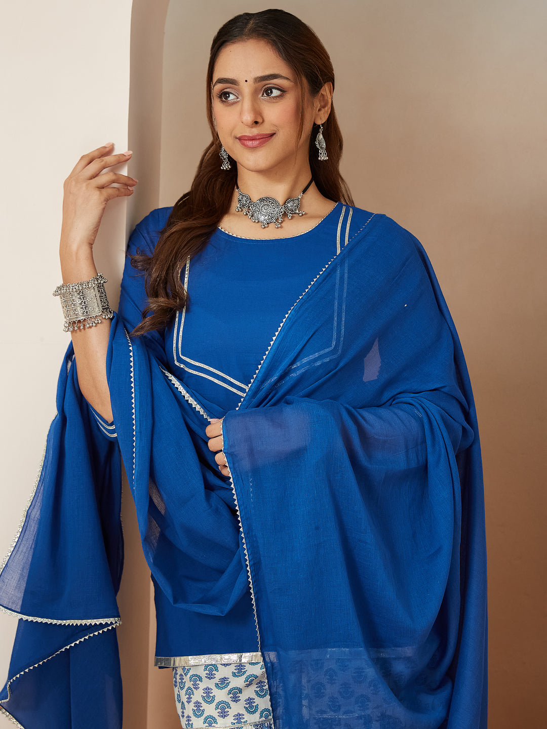Janasya Dark Cambric Embellished A-Line Kurta Set | Swadesiicart