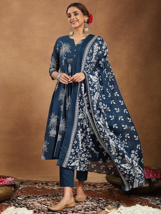Janasya Bright Cotton Floral A-Line Kurta Set | Swadesiicart