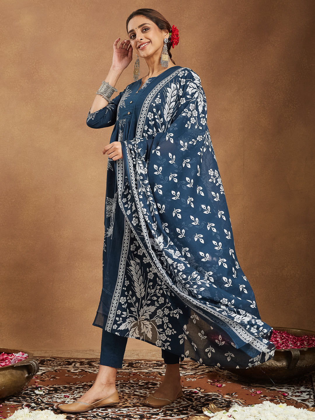 Janasya Bright Cotton Floral A-Line Kurta Set | Swadesiicart