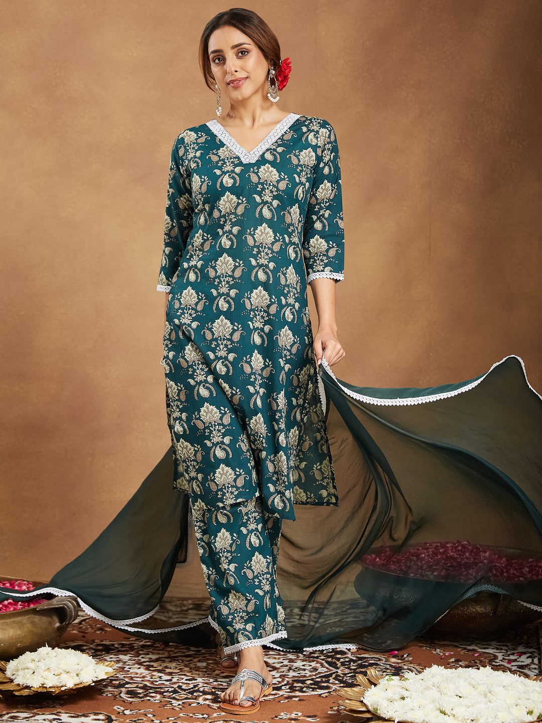 Janasya Dark Cambric Floral A-Line Kurta Set | Swadesiicart
