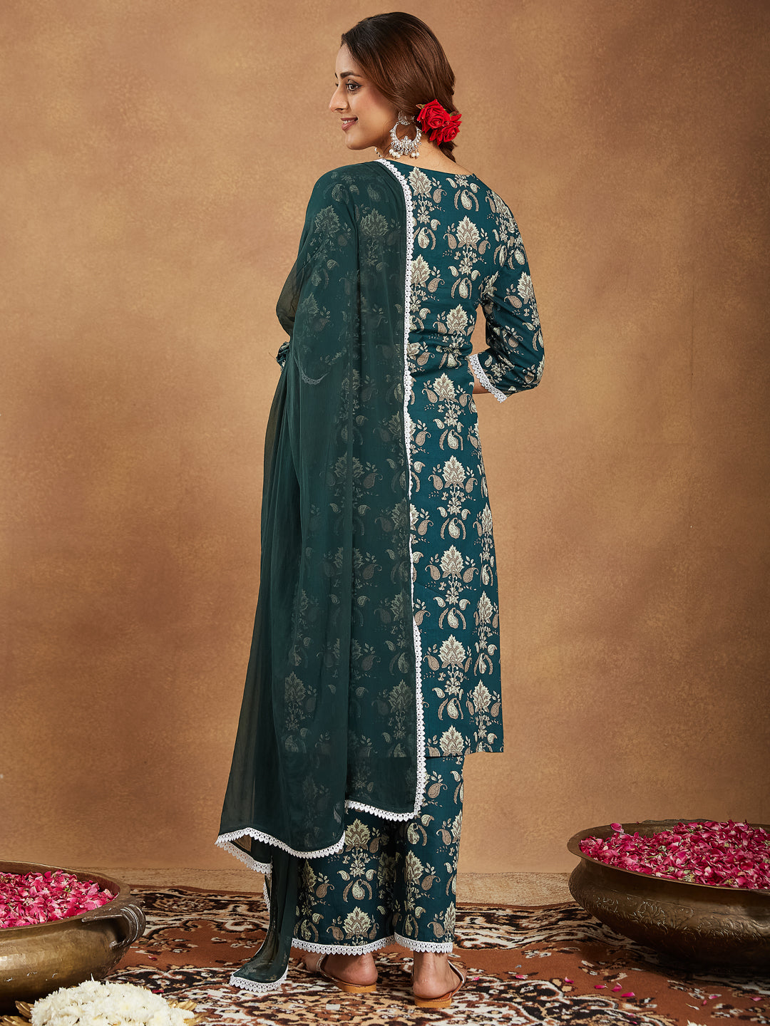 Janasya Dark Cambric Floral A-Line Kurta Set | Swadesiicart
