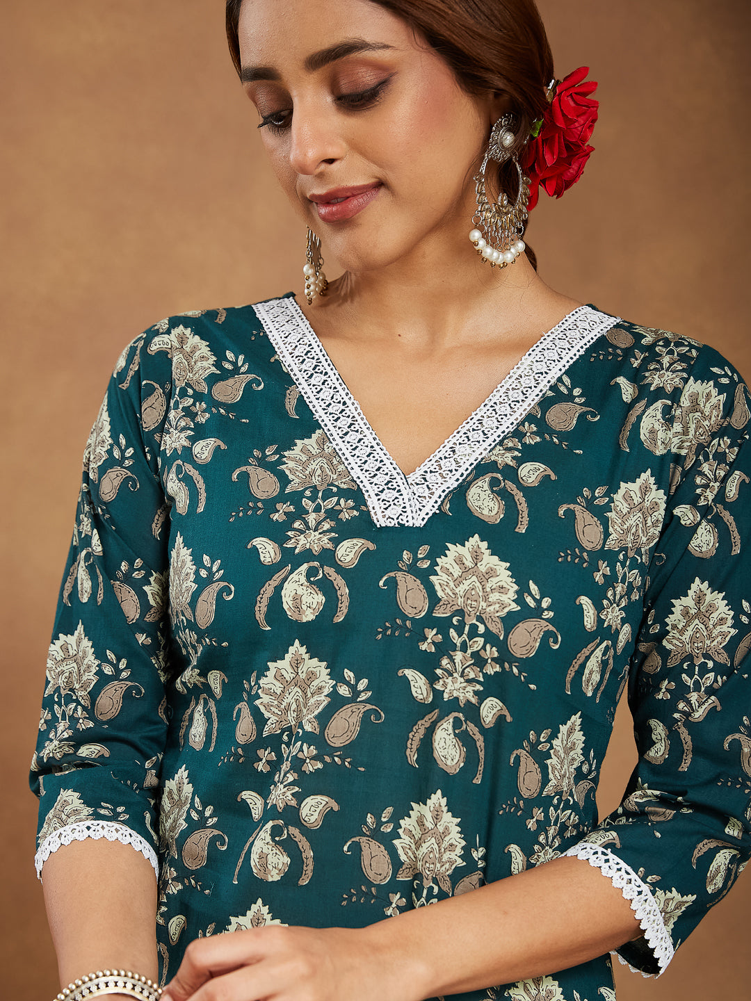 Janasya Dark Cambric Floral A-Line Kurta Set | Swadesiicart
