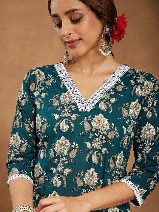 Janasya Dark Cambric Floral A-Line Kurta Set | Swadesiicart