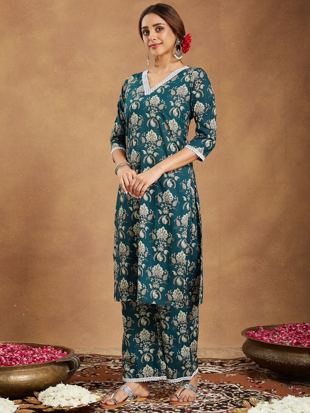 Janasya Dark Cambric Floral A-Line Kurta Set | Swadesiicart