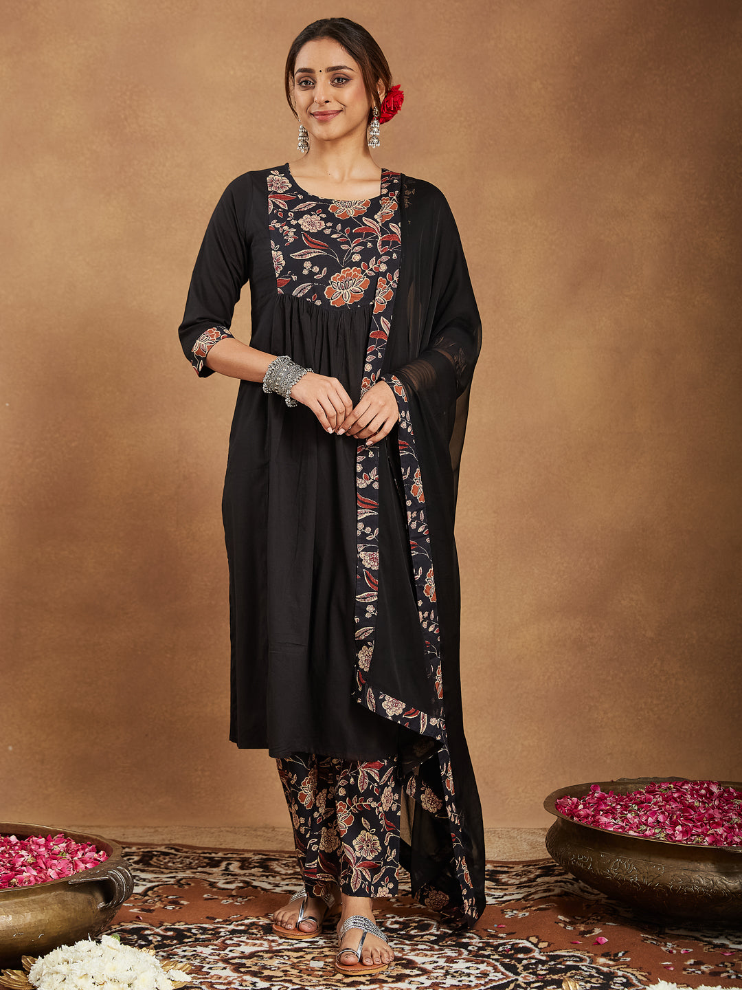 Janasya Dark Cotton Floral A-Line Kurta Set | Swadesiicart