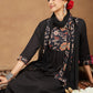 Janasya Dark Cotton Floral A-Line Kurta Set | Swadesiicart