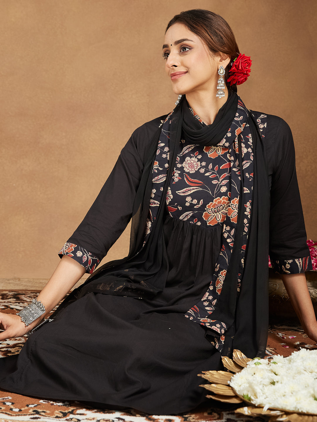 Janasya Dark Cotton Floral A-Line Kurta Set | Swadesiicart
