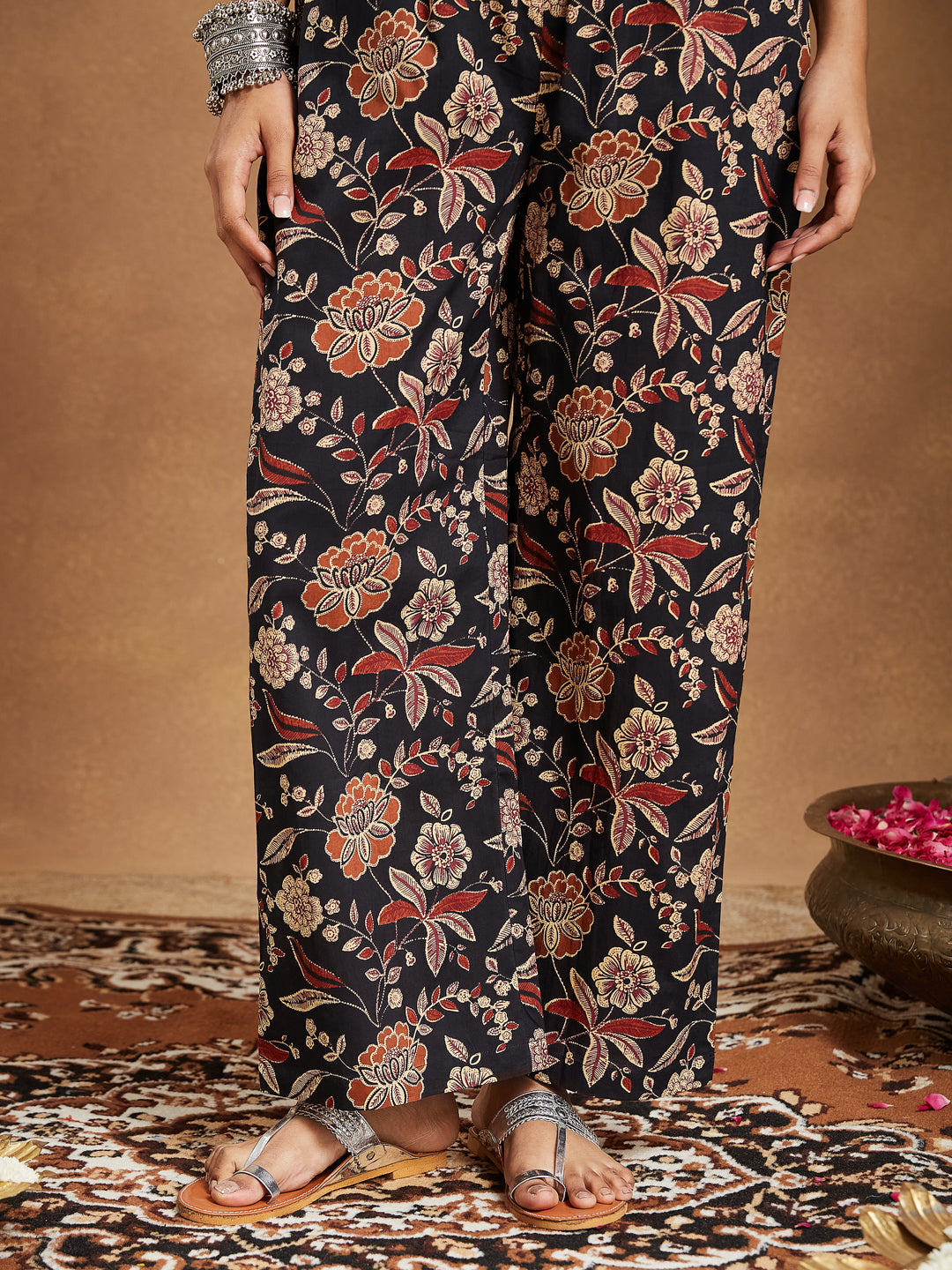 Janasya Dark Cotton Floral A-Line Kurta Set | Swadesiicart