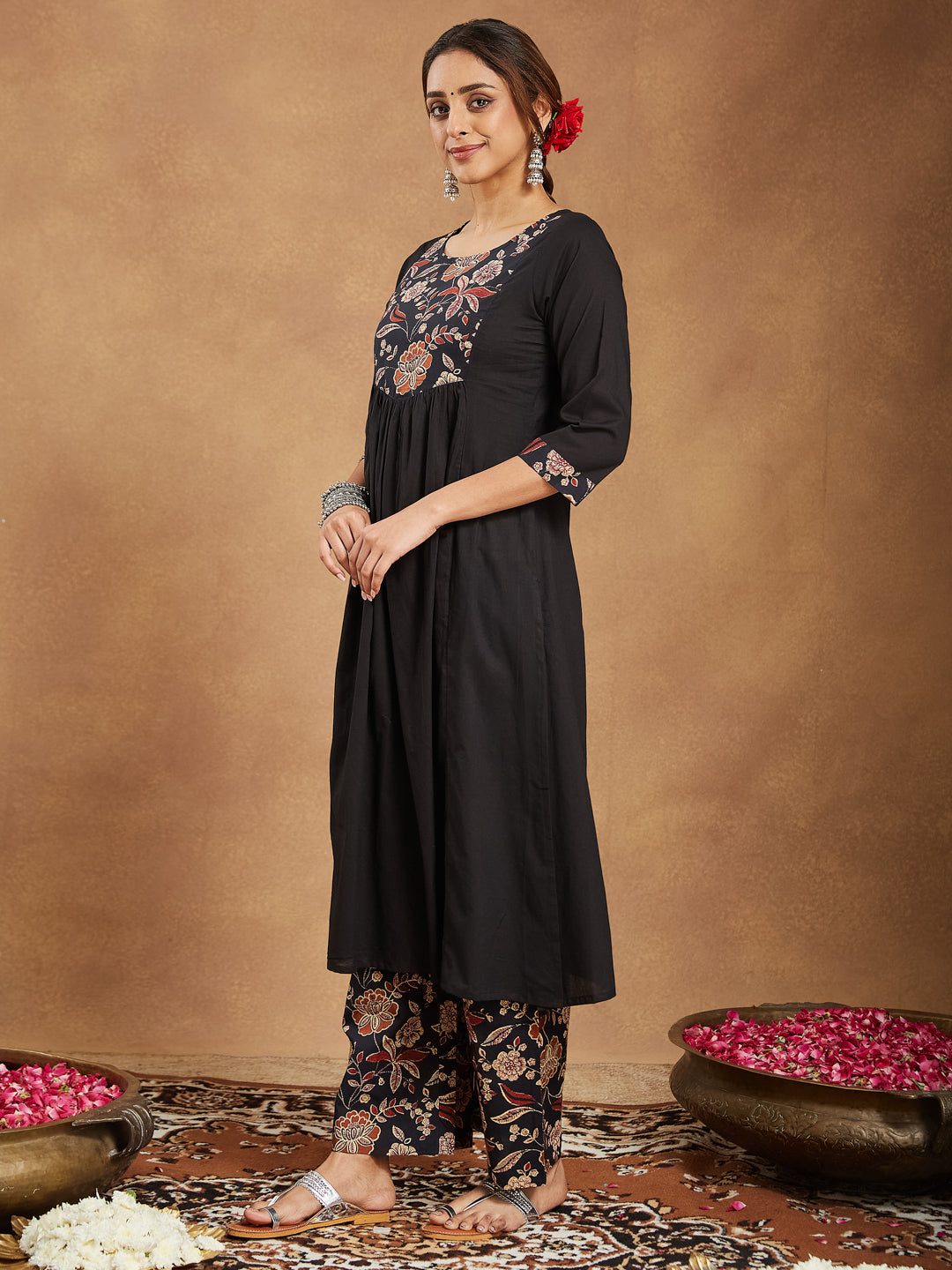 Janasya Dark Cotton Floral A-Line Kurta Set | Swadesiicart