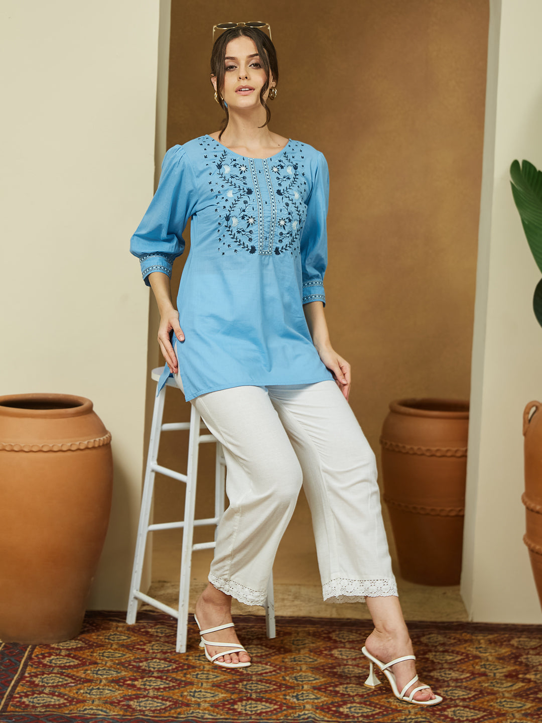 Janasya Light Cotton Embroidered Straight Tunic | Swadesiicart