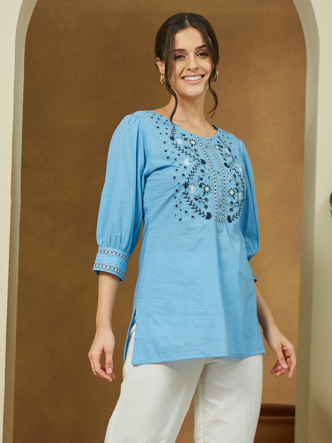 Janasya Light Cotton Embroidered Straight Tunic | Swadesiicart