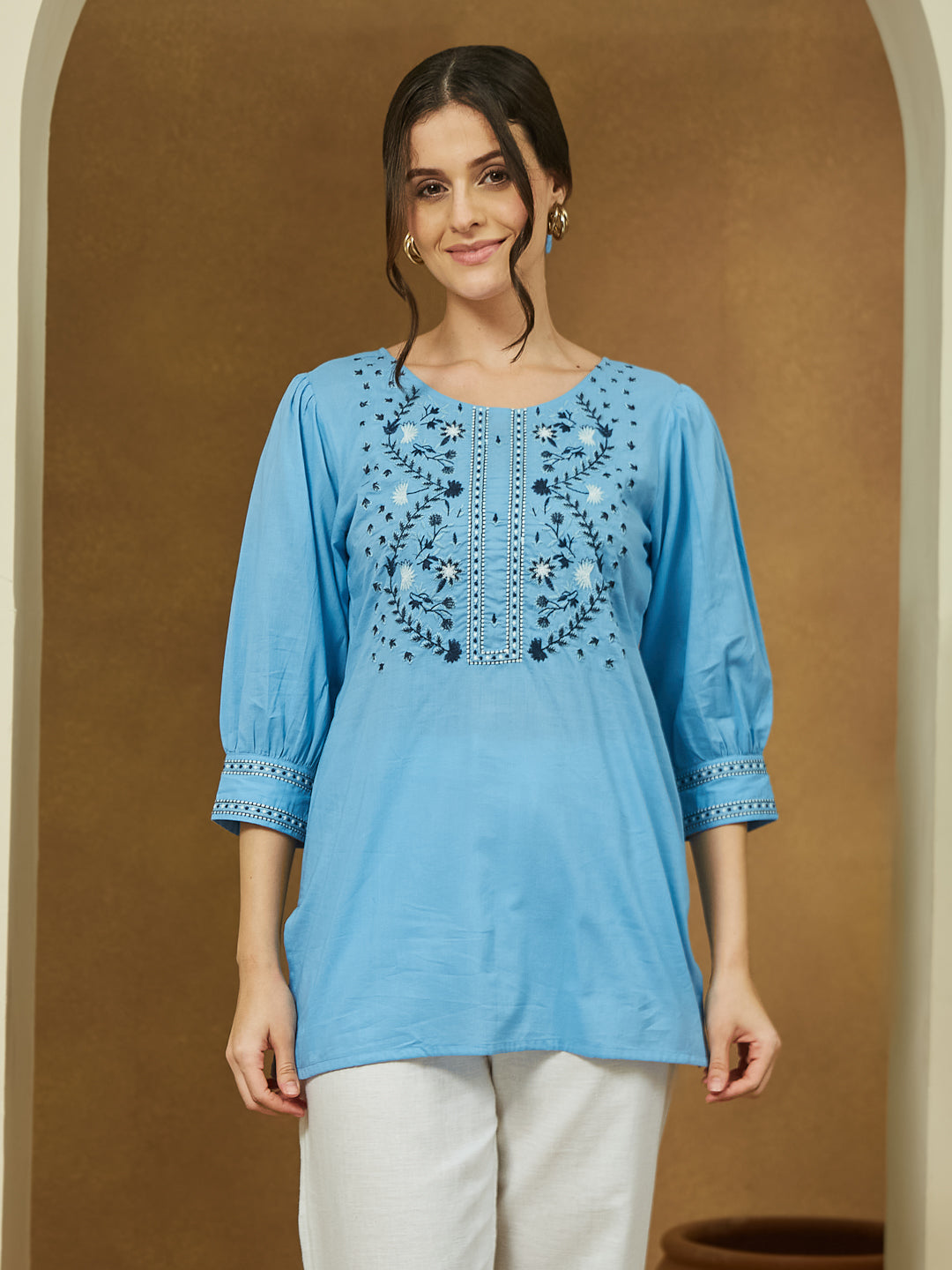 Janasya Light Cotton Embroidered Straight Tunic | Swadesiicart