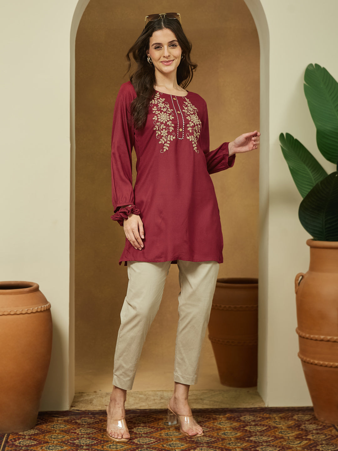Janasya Dark Rayon Embroidered Straight Tunic | Swadesiicart