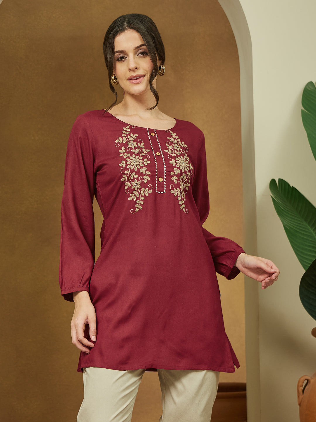 Janasya Dark Rayon Embroidered Straight Tunic | Swadesiicart