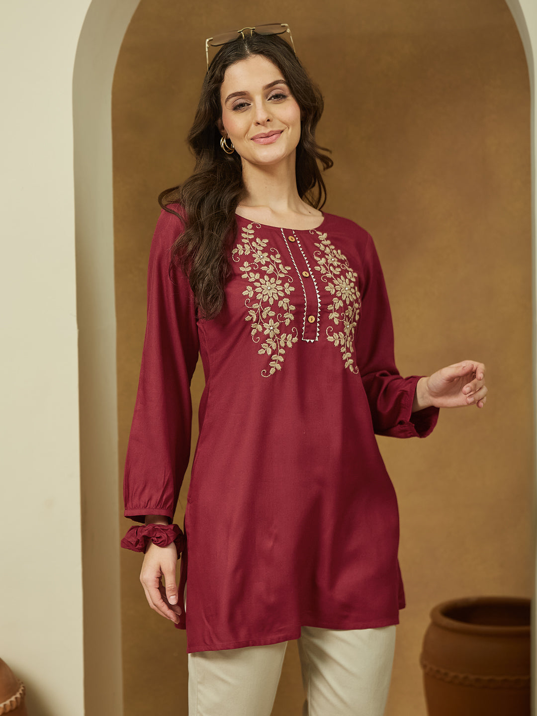 Janasya Dark Rayon Embroidered Straight Tunic | Swadesiicart