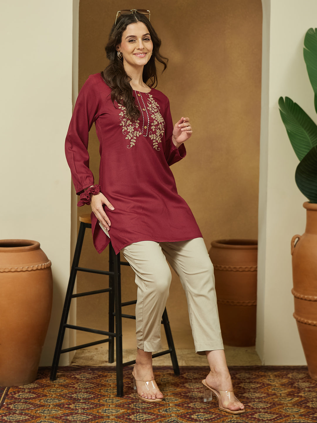 Janasya Dark Rayon Embroidered Straight Tunic | Swadesiicart