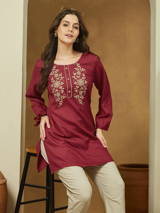 Janasya Dark Rayon Embroidered Straight Tunic | Swadesiicart