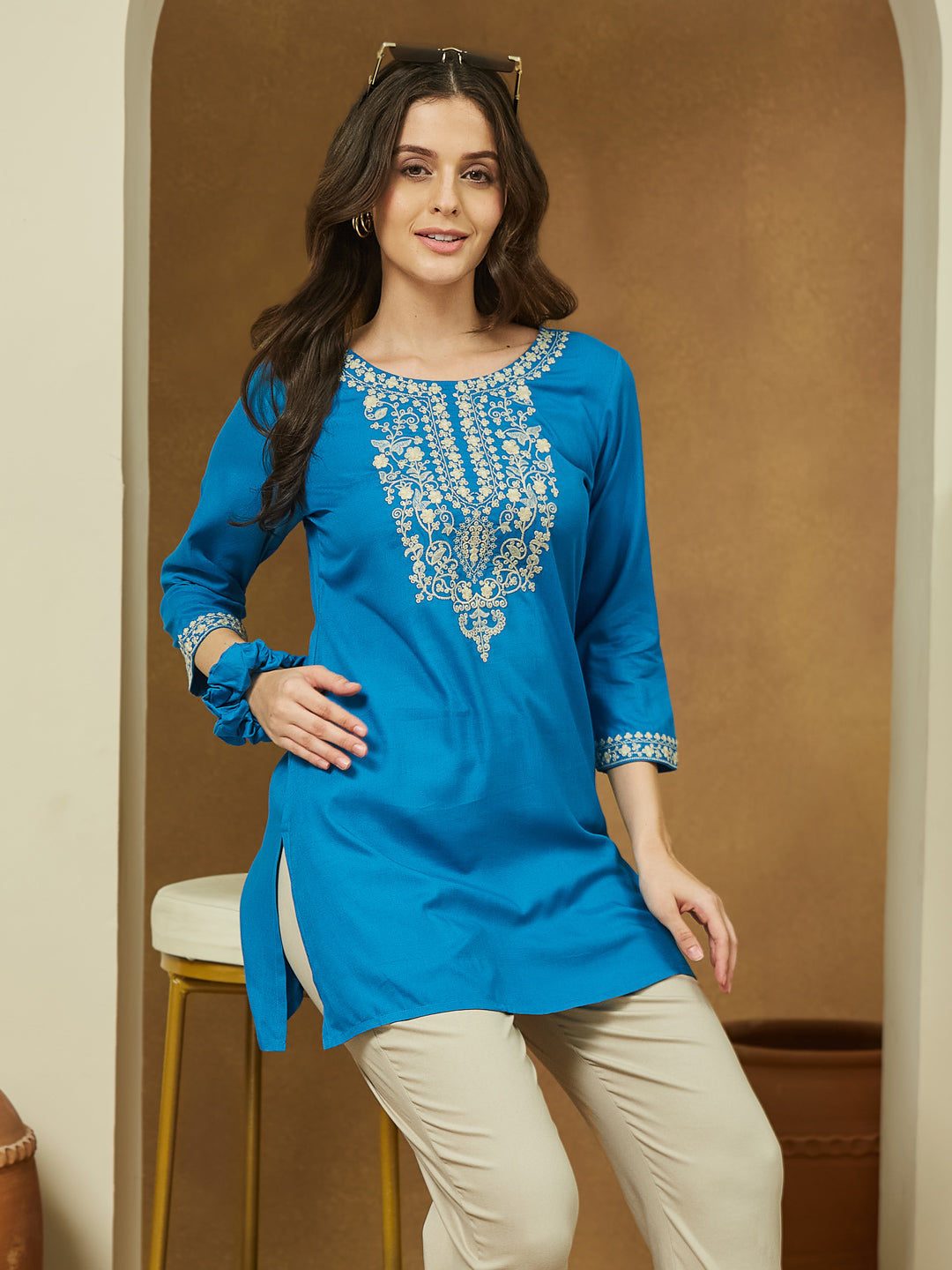 Janasya Dark Rayon Embroidered Straight Tunic | Swadesiicart