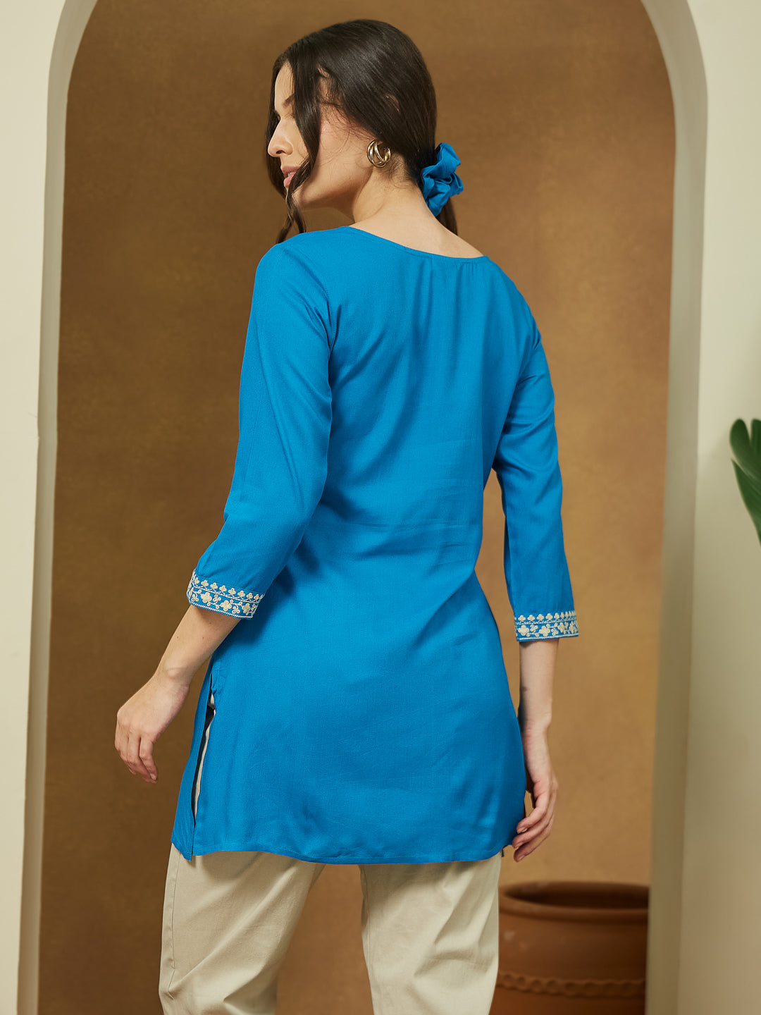 Janasya Dark Rayon Embroidered Straight Tunic | Swadesiicart
