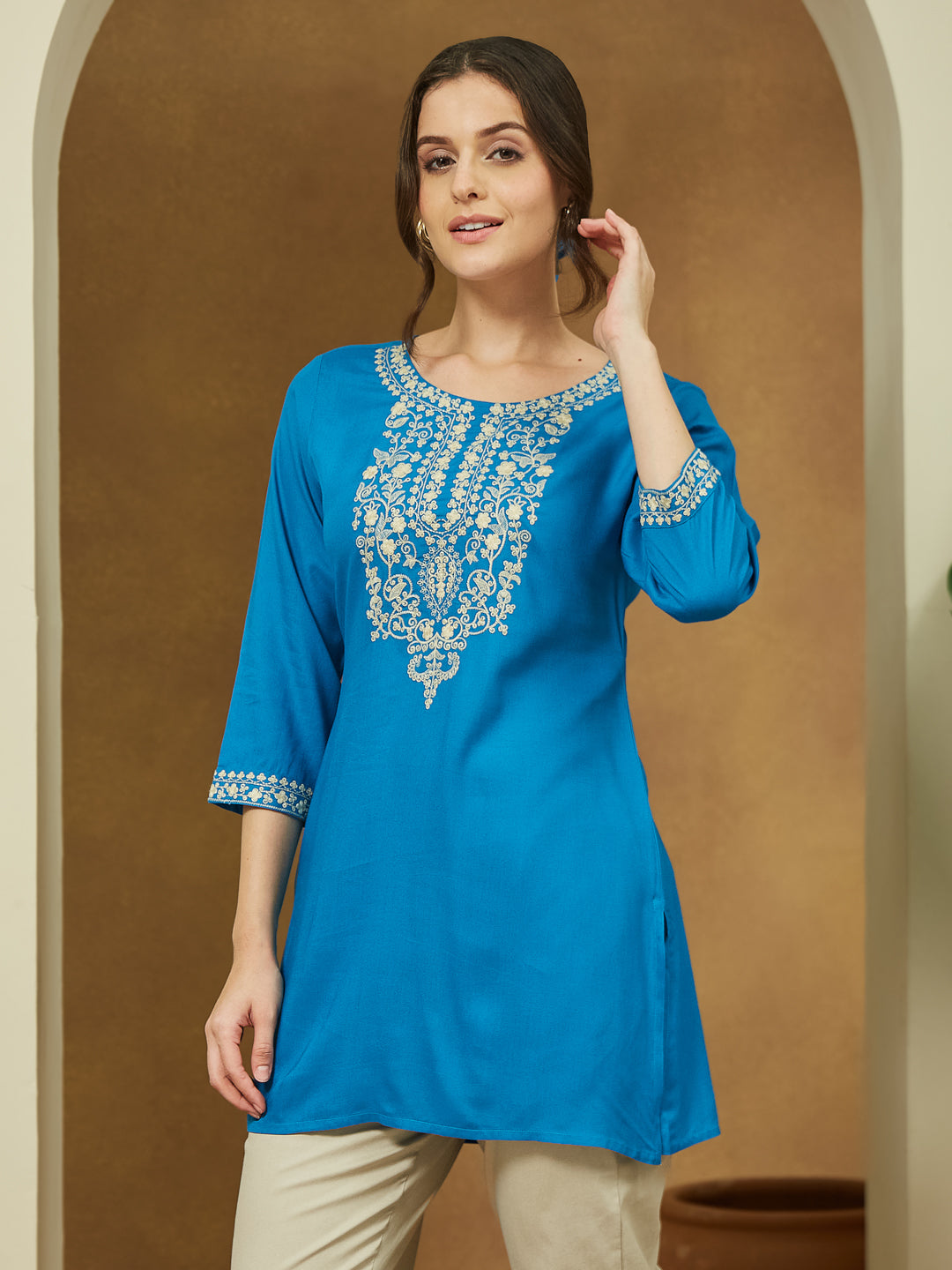 Janasya Dark Rayon Embroidered Straight Tunic | Swadesiicart